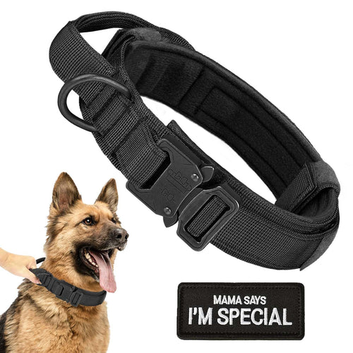 Military Dog Collar with Handle - Adjustable Nylon Training Dog Collar with Heavy Duty Metal Buckle Collar for Medium Large Dogswith Patch