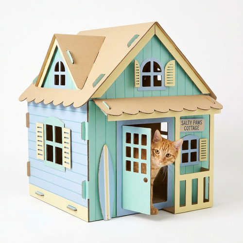 Breezy Beach Cottage Cardboard Cat Playhouse