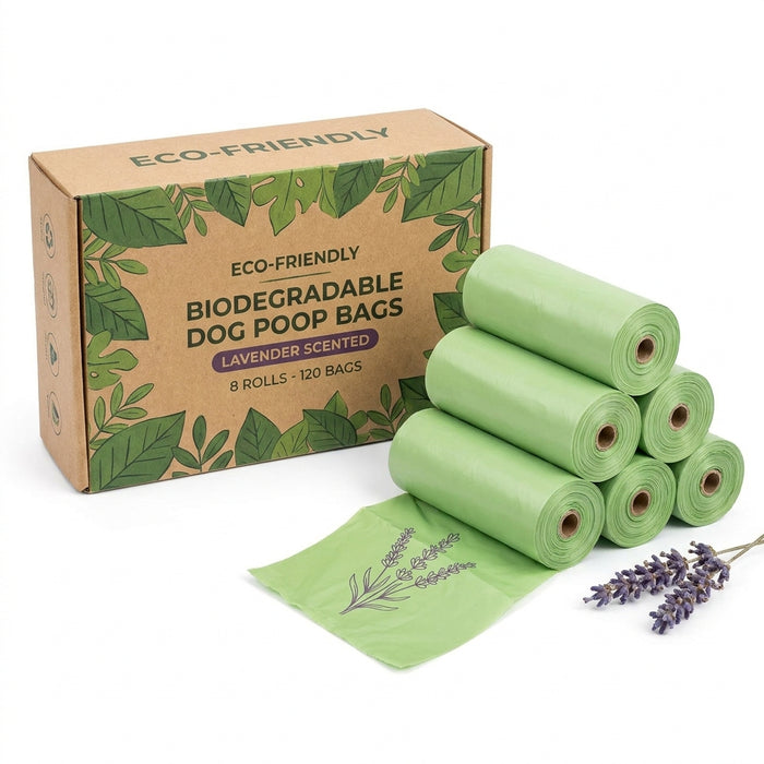 Biodegradable Dog Poop Bags – Eco-Friendly Compostable Lavender Scented (8 Rolls / 120 Bags)